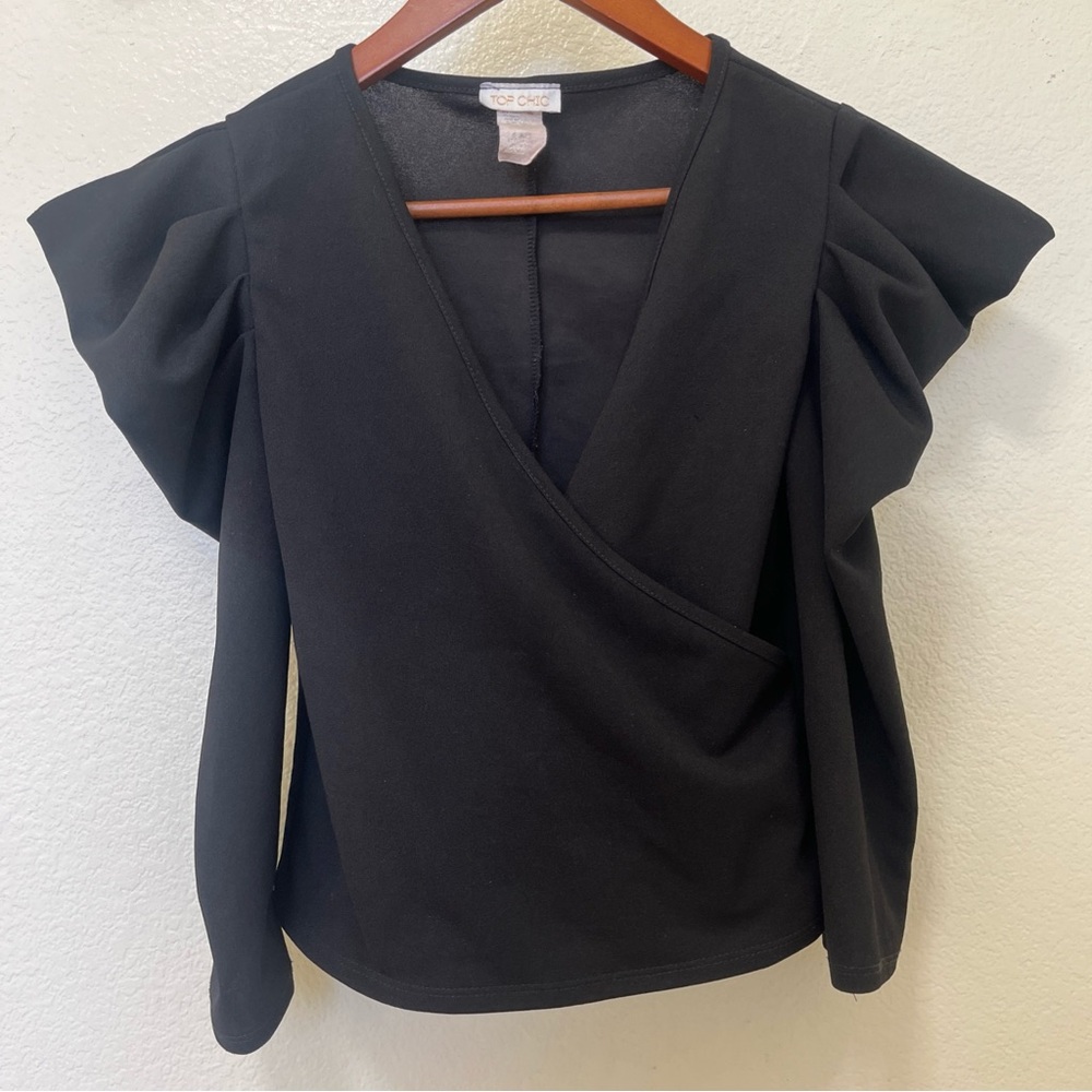 VTG Y2K Top Chic V Neck Wrap Top Spike Shoulders M Black Whimsigoth Witchy 90s